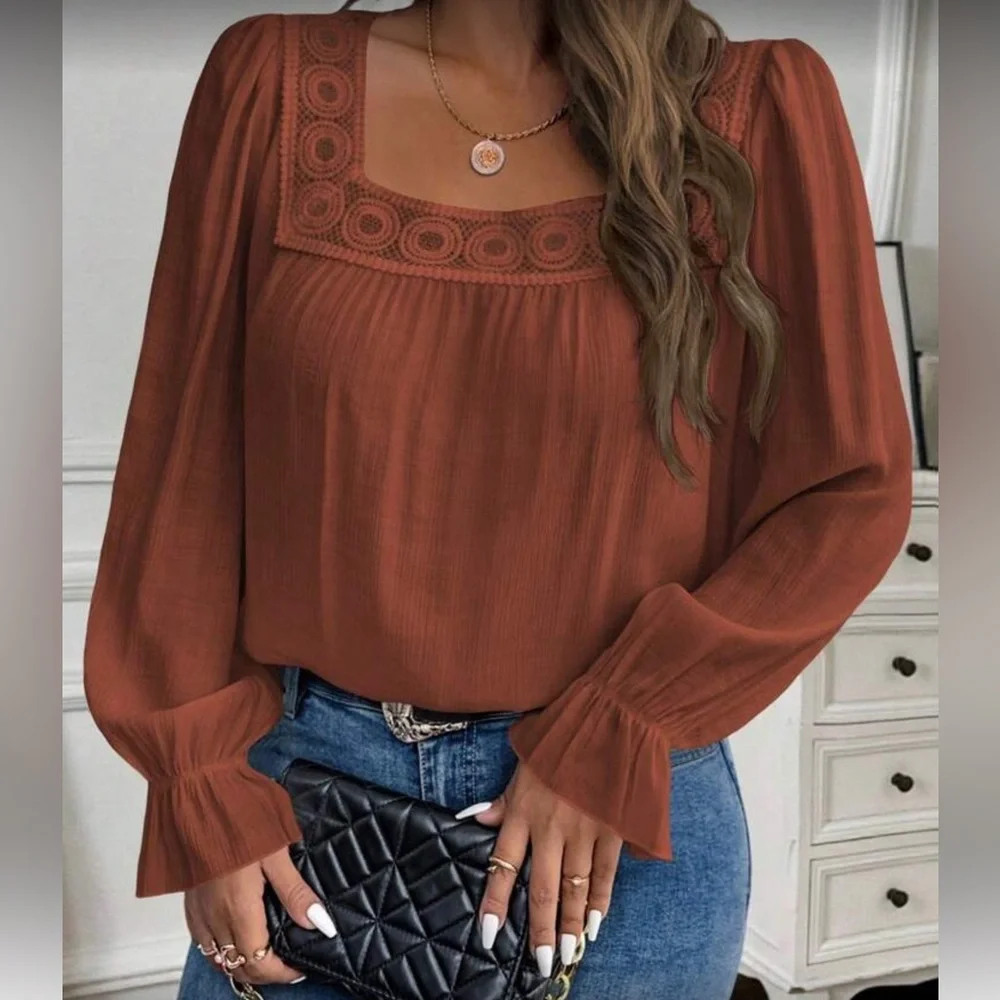 Elegant Red Lace Trim Women's Top